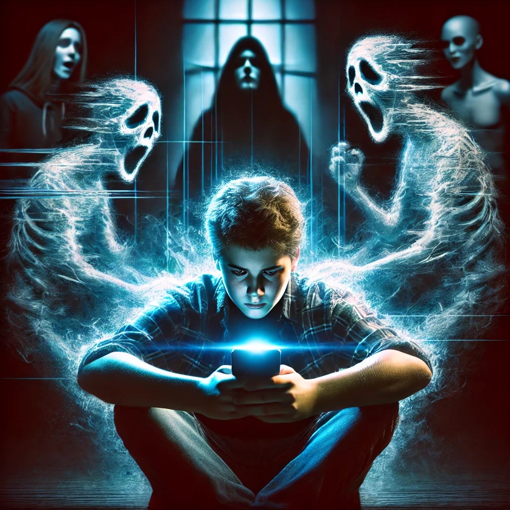 A haunting visual representation of the negative effects of early smartphone use on teenagers. The image should depict a young teenager sitting alone in a dark room, illuminated only by the glow of a smartphone screen. Their face shows distress and detachment, with digital distortions and ghostly figures emerging from the screen, symbolizing hallucinations. In the background, shadowy figures representing aggression and anxiety loom over them. The scene should evoke a sense of isolation, mental strain, and the eerie impact of excessive screen time.