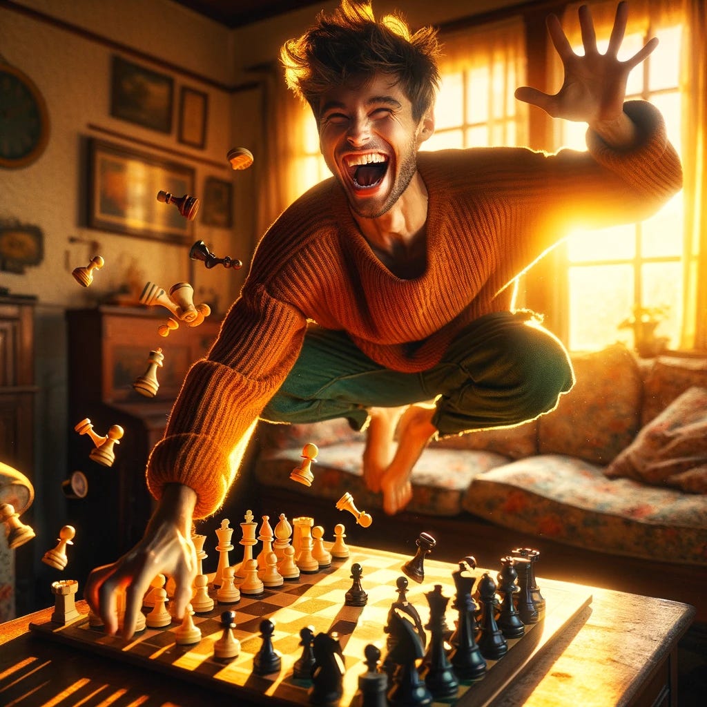A vibrant photograph capturing a jubilant individual in the act of playfully pushing a chessboard off a table, with a broad, contagious smile on their face, radiating happiness and mischief. The chess pieces are caught in the motion of tumbling off the table, creating a dynamic and whimsical scene. The person is standing, leaning forward with one hand on the board, the other thrown back in a gesture of carefree enthusiasm. The background is a cozy, warmly lit room, with soft, inviting tones that enhance the atmosphere of joy and lighthearted rebellion. The late afternoon sunlight filters through a nearby window, casting a golden glow over the scene, accentuating the person's expression of delight and the playful chaos of the moment. The photograph captures the essence of spontaneity and the pure pleasure of breaking the rules for fun. Taken on: digital SLR, focusing on capturing the energy and the vivid emotions. Settings: high shutter speed to freeze the action, warm color balance to highlight the happiness, and a wide aperture to softly blur the background.