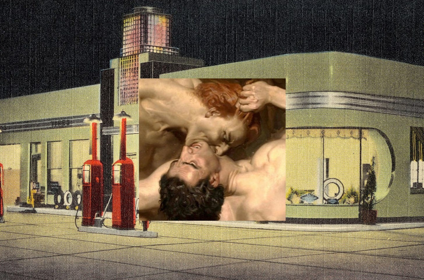 An excerpt from the painting “Dante and Virgil” by William-Adolphe Bouguereau pasted over an American gas station c.1920.