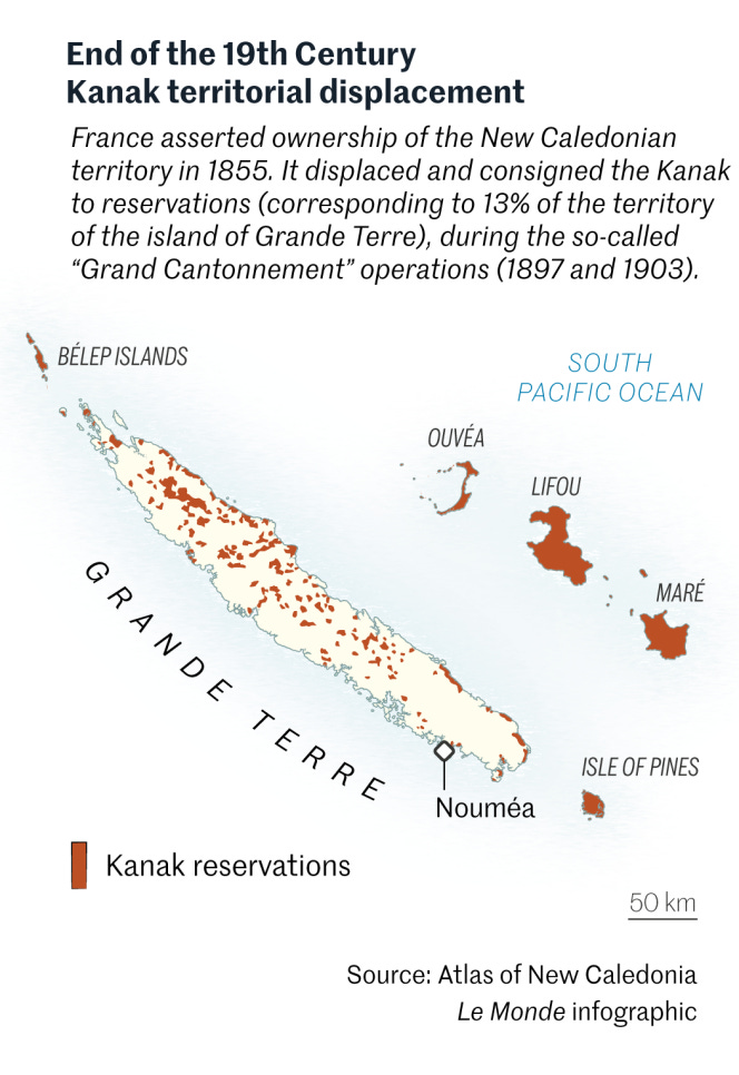 A map depicting the areas to which New Caledonia's Kanak population were displaced by France in the 19th Century.