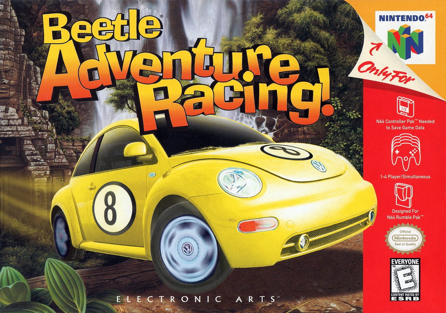 The North American box art for Beetle Adventure Racing!, which includes a yellow beetle with number 8 logos on the hood and sides, racing through the ruins amid a jungle.