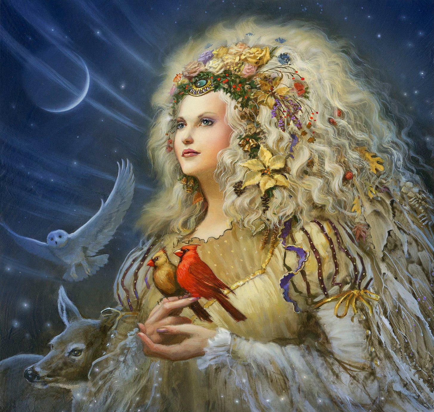 A woman stands like the queen of winter glancing off panel left with a stately air as two cardinals—one gold, one red—perch on her extended fingers as she cups one hand in another. Her gown is ethereal as the white lace of the sleeves sparkle like white holiday lights. The gold tinted silk of her dress puffs slightly at the shoulder, accented with lines of regal purple until tied off with a thin golden bow. Set at the center on her forehead is a blue-green gem bound in a gold inlaid oval. Her hair is a full white mane held back by a band of holly, berries, and flowers—subdued in color but mostly gold—in a variety of blooms. The night sky is alive with traces of cirrus clouds sweeping past a crescent moon. An owl takes flight past her shoulder. A deer huddles close.