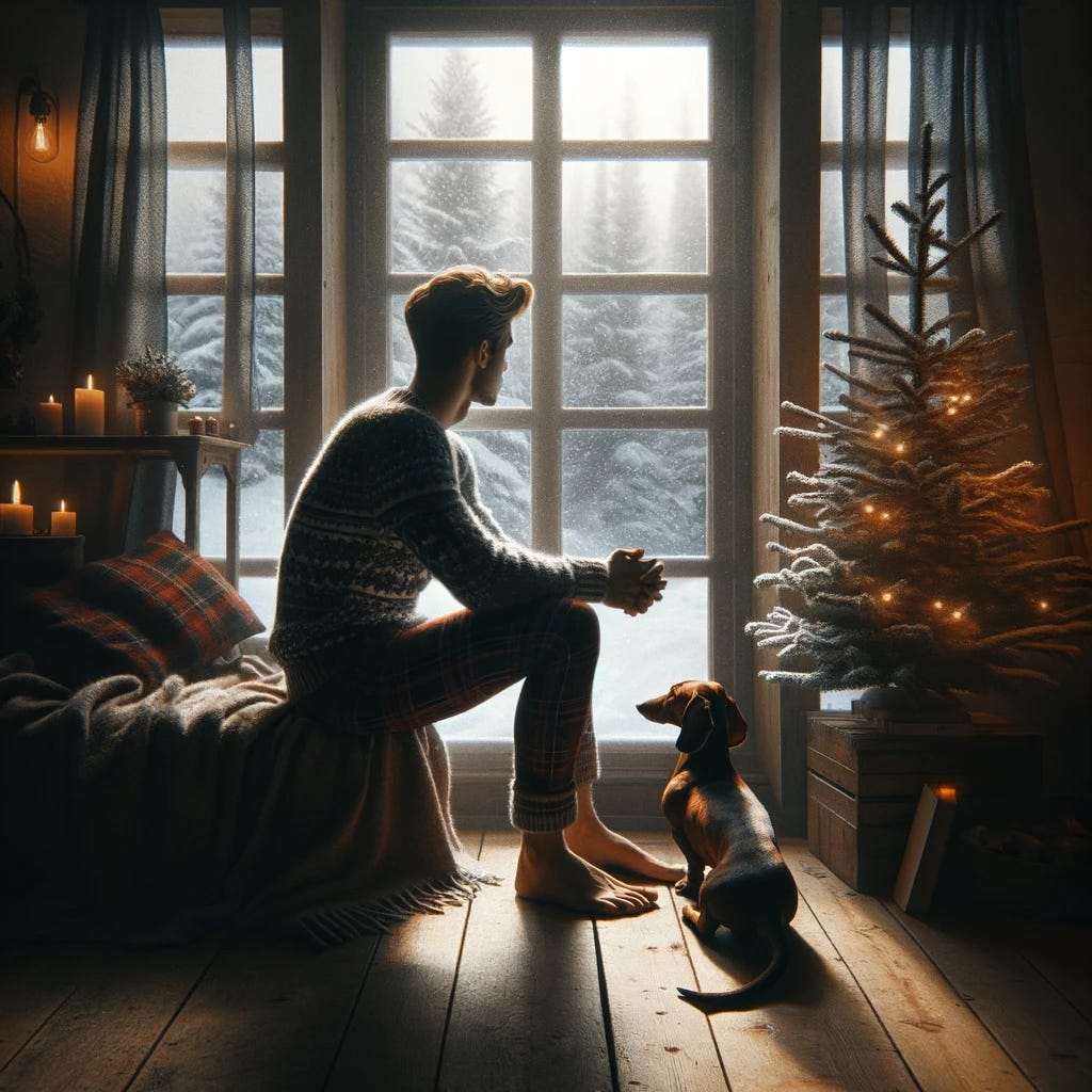 A contemplative and slightly melancholic scene, similar to the previous image but with a male figure. The scene shows a male sitting by a window, gazing out at a snowy landscape, accompanied by a brown dapple dachshund. The room is softly lit, with a small Christmas tree in the corner, its lights casting a warm glow. The mood is reflective and serene, capturing the essence of finding peace amidst holiday chaos. The scene should evoke a sense of solitude and quiet reflection during Christmas time, emphasizing the contrast between external festive cheer and internal emotional struggle.