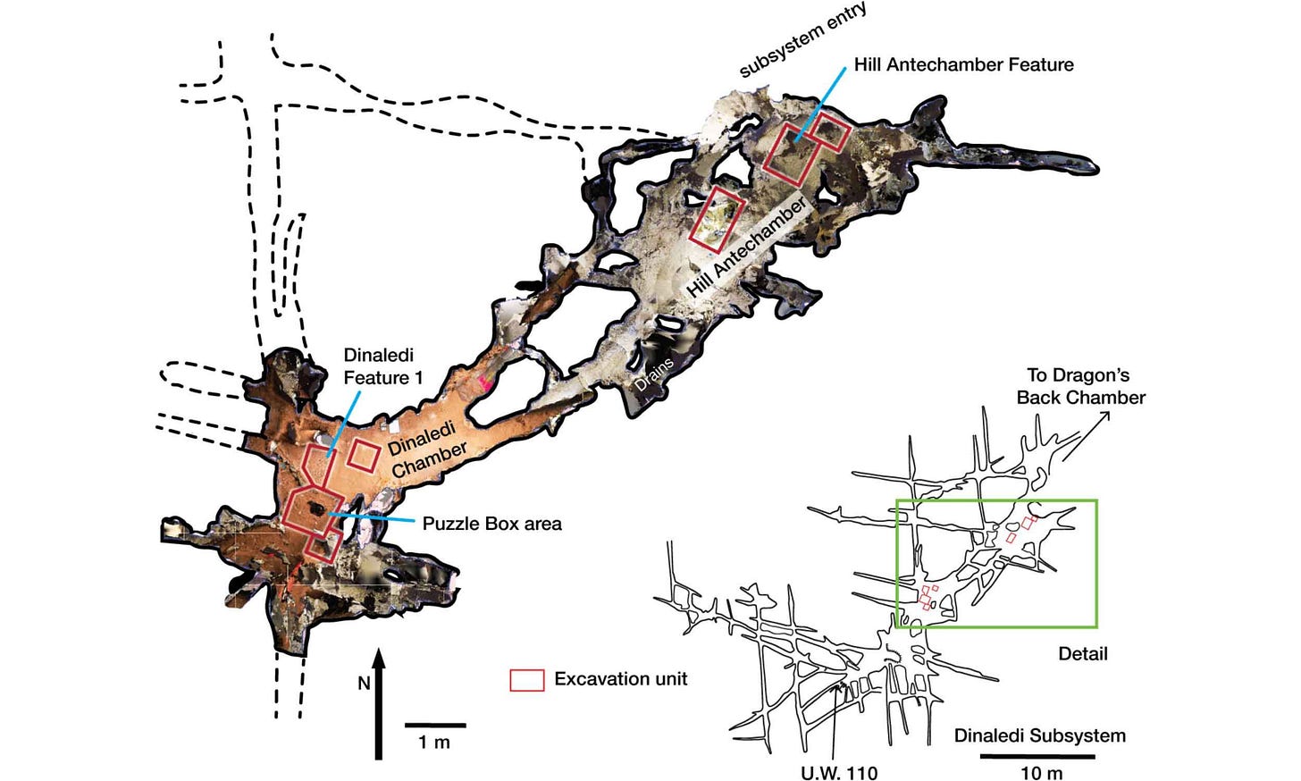 Map showing excavation units within Dinaledi and Hill Antechamber. Map showing excavation units within Dinaledi and Hill Antechamber.
