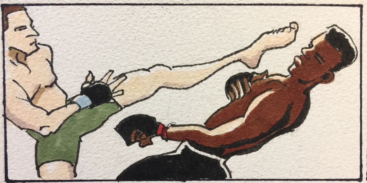Illustration of Israel Adesanya dodging a kick.