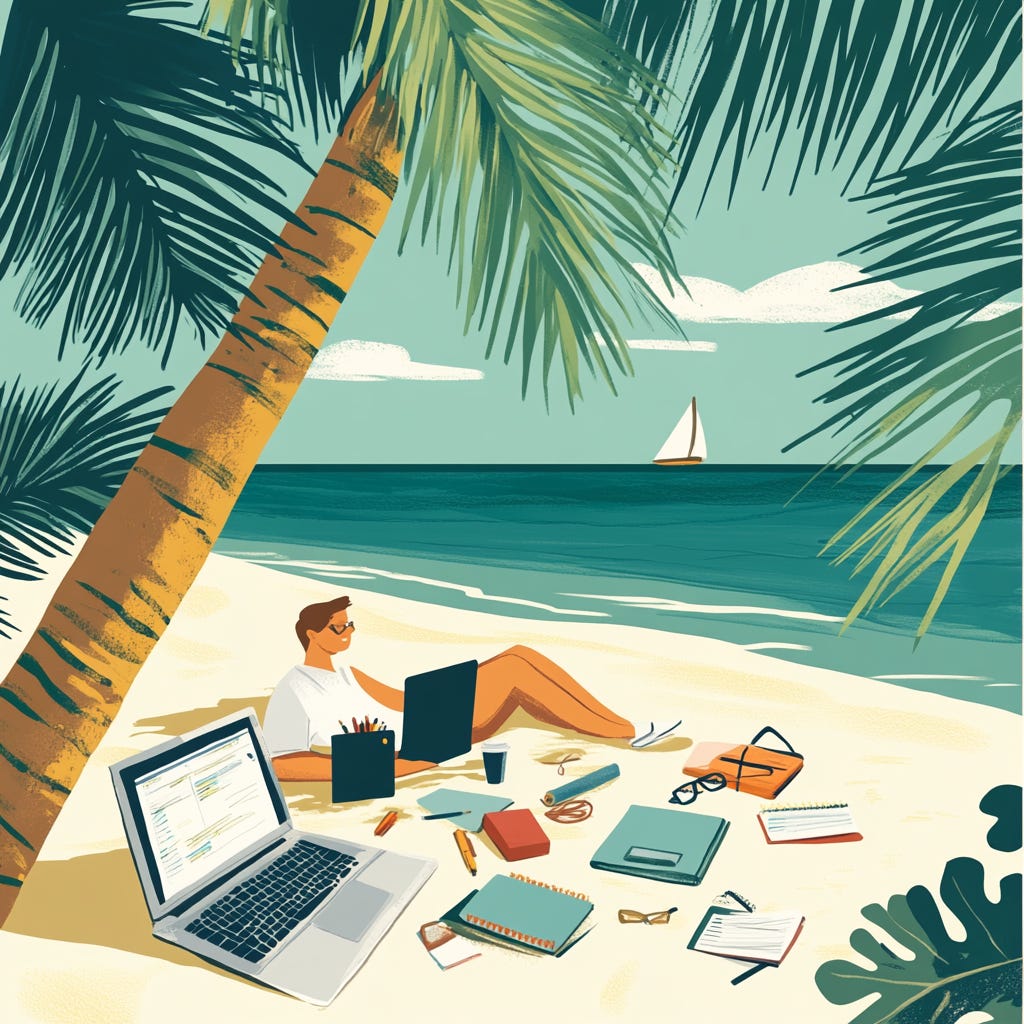 an illustration of A relaxed office worker on a beach with a laptop, palm trees, and office supplies scattered in the sand