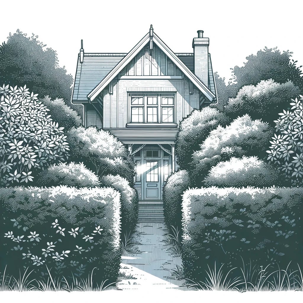 A charming residential house surrounded by high, dense bushes that almost obscure the building. The house is quaint with a pitched roof and a small front porch. The bushes are lush and green, suggesting a well-kept garden. The scene is set during the daytime with clear skies and a hint of sunlight casting gentle shadows across the front yard. This illustration is designed to capture a cozy, secluded atmosphere.