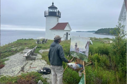 A person painting a picture outside by a lighthouse

Description automatically generated