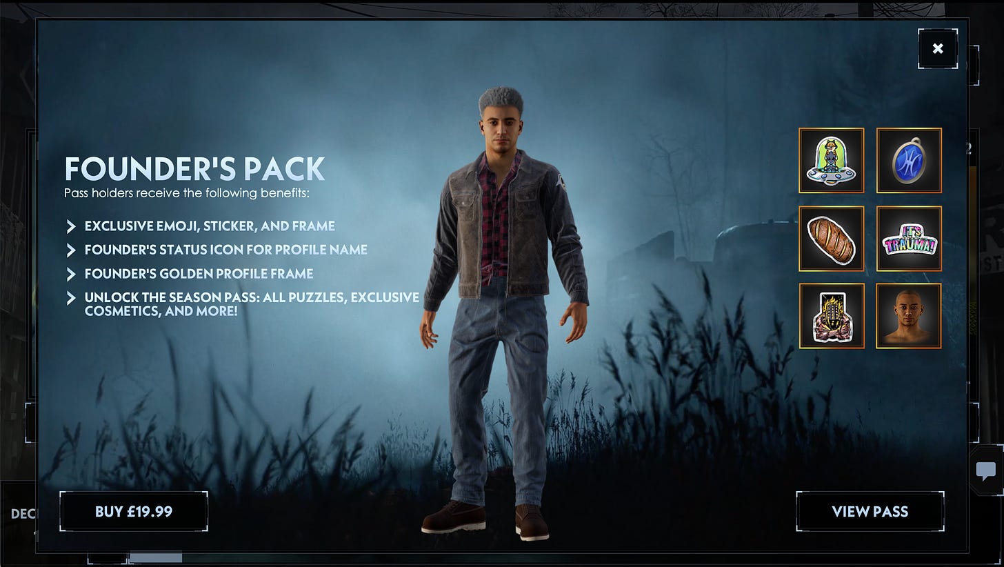 Founder's Pack sales page with list of benefits (emoji, sticker, status icon, season pass)