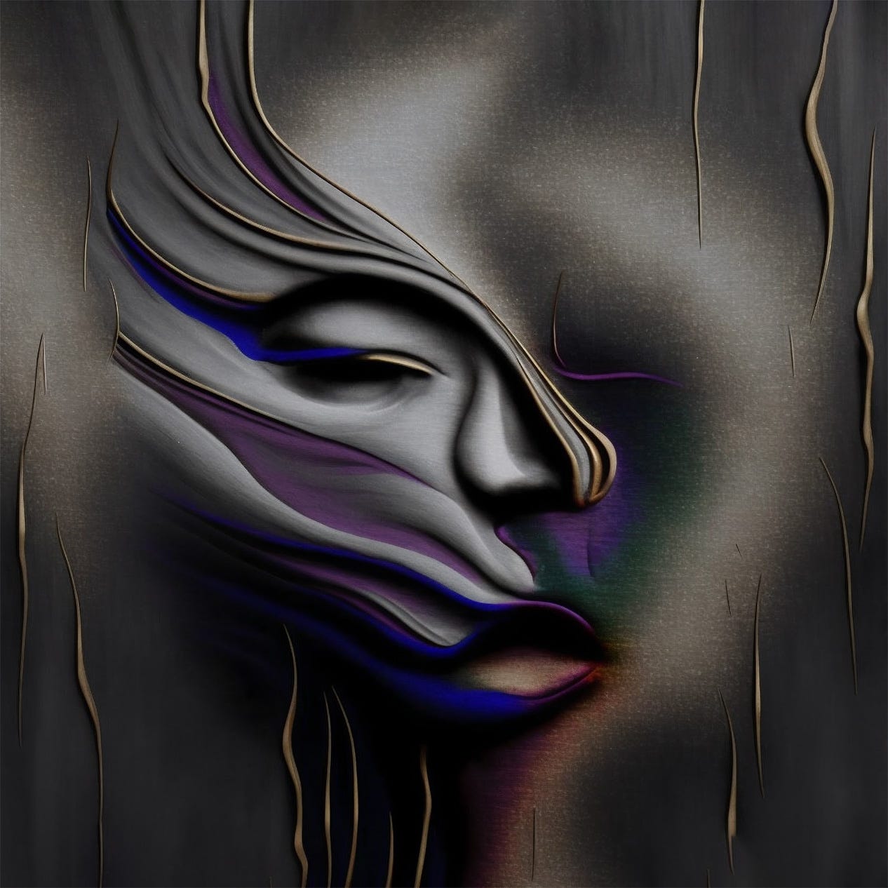 The blur of the beginning, an AI-generated, human-edited image of a face, blurred, emerging from the darkness among the roots. MJ prompt: a dark grey canvas, multi-color metallic powder, rising to form a subtle outline of a face in pain, abstract