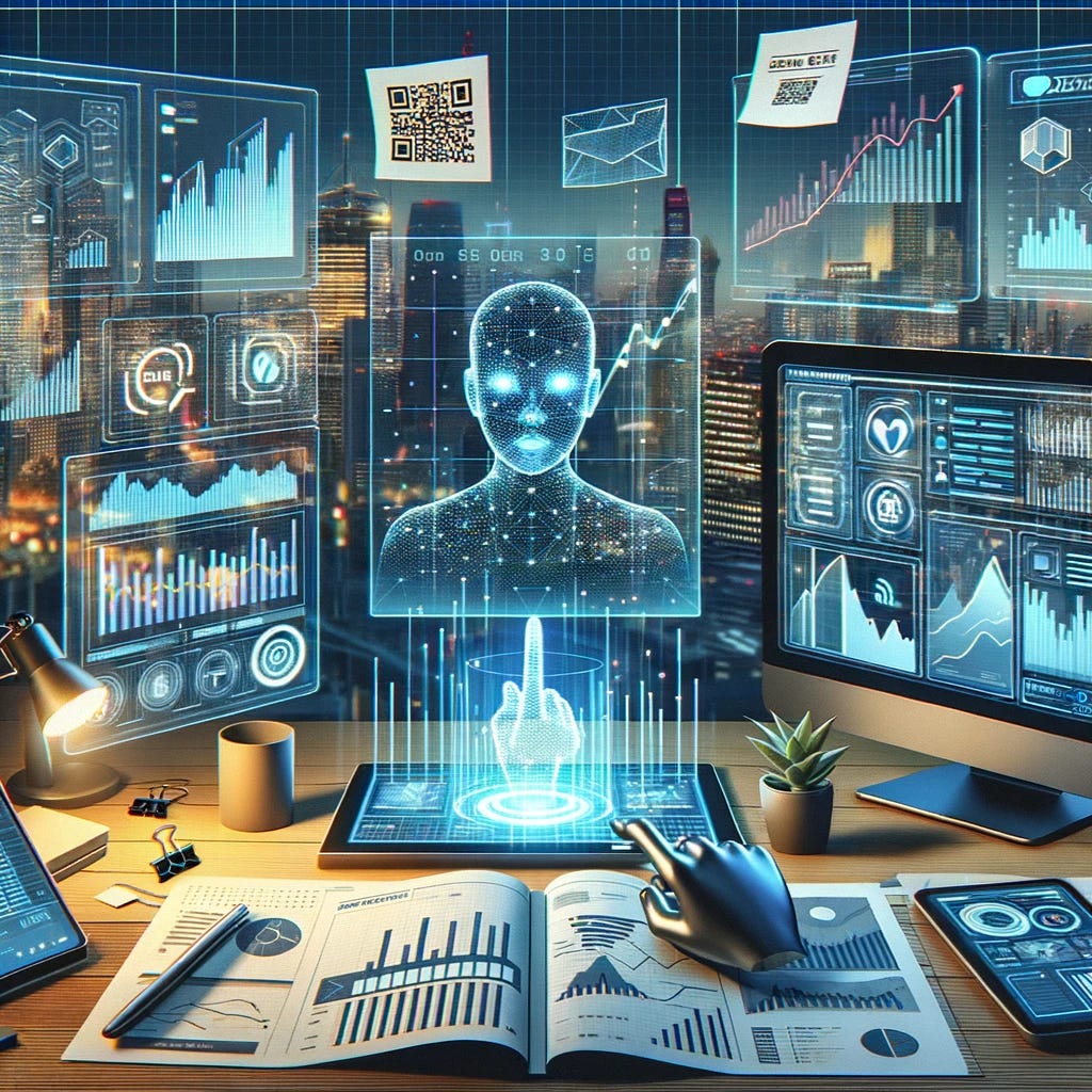 Illustration of a financial analyst's workspace in the future. The desk is covered with multiple transparent touchscreens displaying financial graphs, while an AI hologram provides insights and suggestions. Papers with QR codes float above the desk, and the background shows a cityscape with digital billboards.