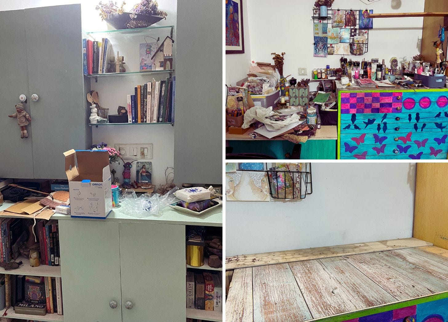 A collage showing my messy art tables and the table stripped down and ready to be cleaned for the annual studio reset
