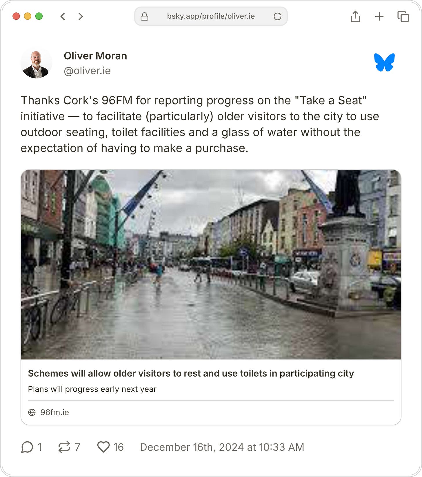 A post from Oliver Moran to Bluesky with the text, "Thanks Cork's 96FM for reporting progress on the "Take a Seat" initiative — to facilitate (particularly) older visitors to the city to use outdoor seating, toilet facilities and a glass of water without the expectation of having to make a purchase."