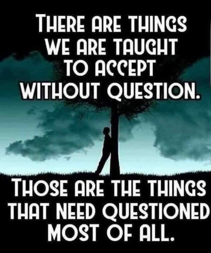 May be an image of 1 person and text that says "THERE ARE THINGS WE ARE TAUGHT TO ACCEPT WITHOUT QUESTION. THOSE ARE THE THINGS THAT NEED QUESTIONED MOST OF ALL."