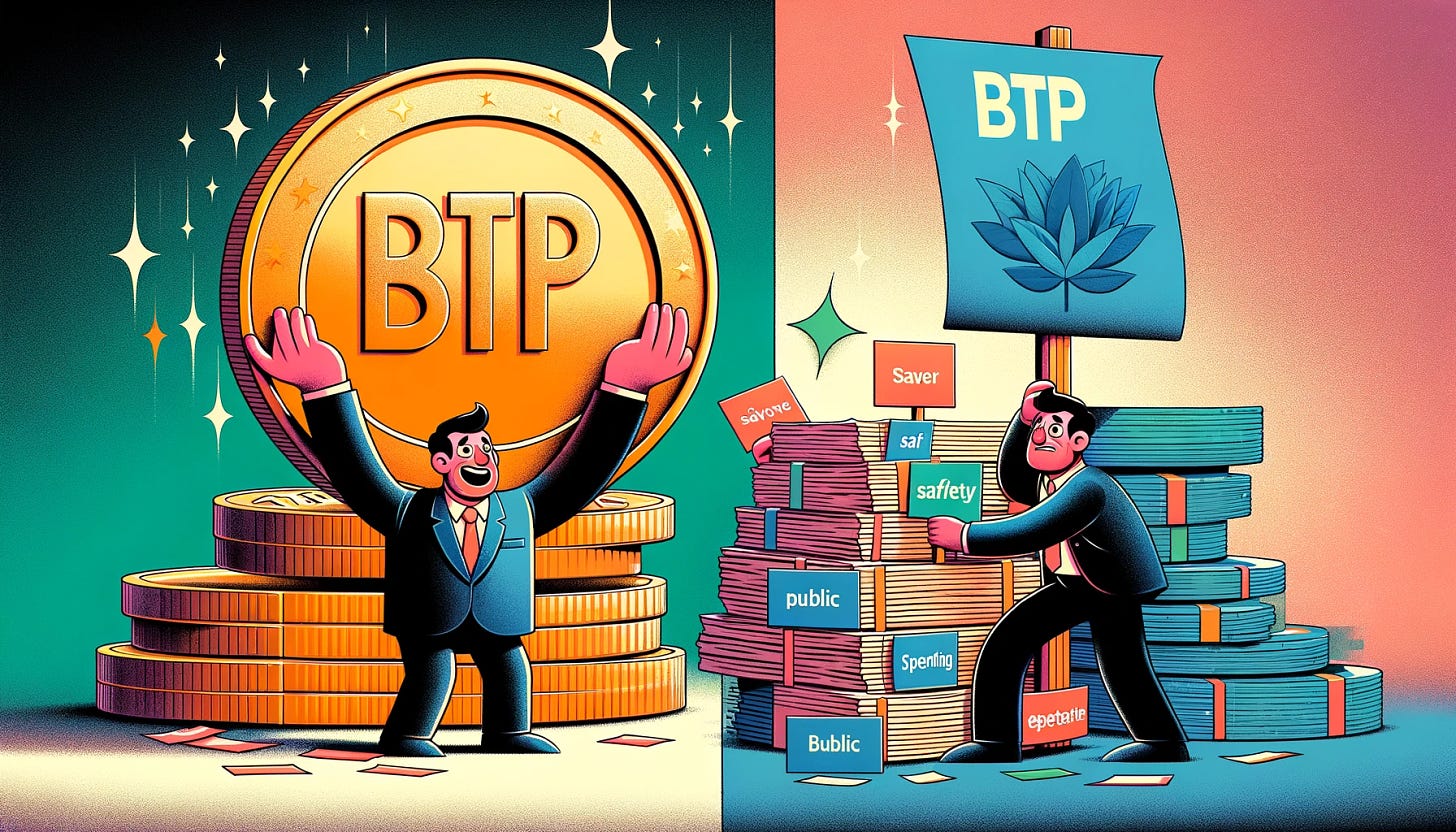 Illustrate the concept of BTP (Italian government bonds) as a double-edged sword in a horizontal rectangle format. On the left, show a joyful saver holding up a gleaming, oversized coin marked 'BTP', representing the investment's appeal and safety for individuals. On the right, depict a taxpayer with a look of concern, scrutinizing a towering stack of documents labeled 'Public Spending', highlighting the problem of encouraging the government to persist in excessive public expenditures. The image should clearly contrast these two perspectives, with a background subtly blending the colors of the Italian flag to underline the national context.