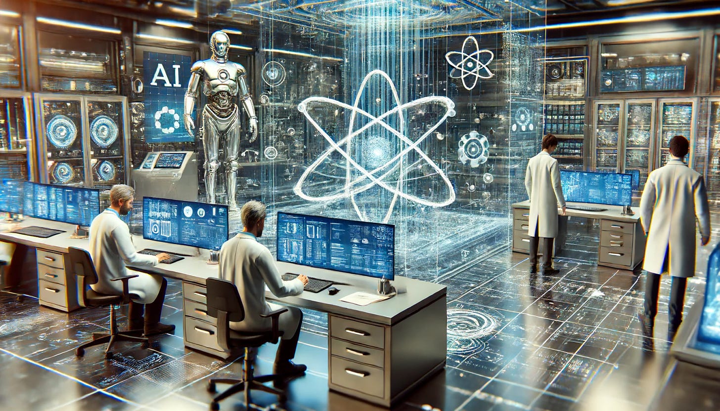 A futuristic physics laboratory with advanced AI systems analyzing subatomic particles. Scientists are working with holographic displays, and there is cutting-edge technology in the background. The scene is highly advanced, featuring sleek equipment, modern interfaces, and a clean, organized environment. The image is in a 16:9 aspect ratio, emphasizing the widescreen display and detailed setting.