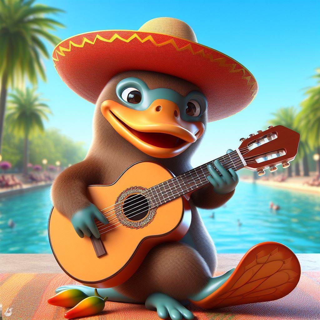 3d rederning platypus great time playing a guitar with spanish theme