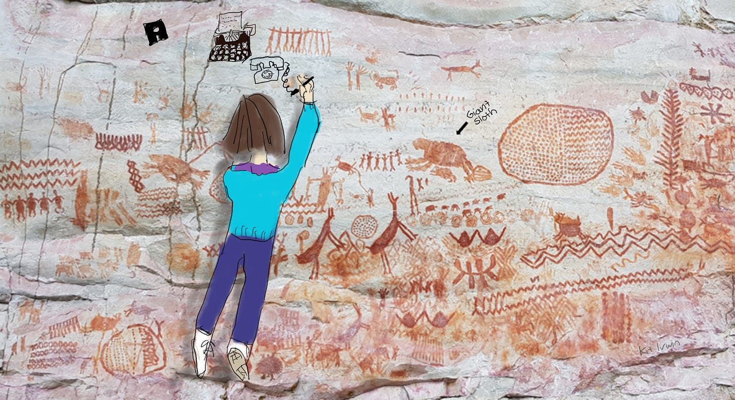 Photograph of the prehistoric cave paintings, with a woman standing on tiptoe is drawing with a black marker. She has already drawn a floppy disk, a typewriter, and is working on drawing a rotary phone. An arrow points to one ocher animal and the text “Giant sloth” is written next to it.