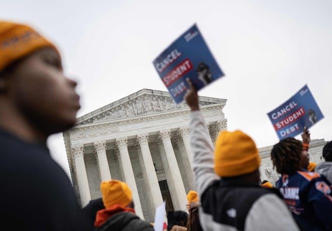 Protesters in front of the Supreme Court on February 28, 2023.