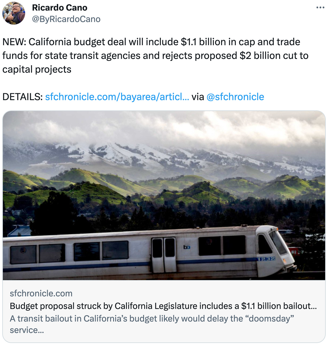  Ricardo Cano @ByRicardoCano NEW: California budget deal will include $1.1 billion in cap and trade funds for state transit agencies and rejects proposed $2 billion cut to capital projects   DETAILS: https://sfchronicle.com/bayarea/article/california-1-1-billion-bailout-bart-bay-area-18147147.php?utm_campaign=CMS%20Sharing%20Tools%20(Premium)&utm_source=t.co&utm_medium=referral via  @sfchronicle sfchronicle.com Budget proposal struck by California Legislature includes a $1.1 billion bailout for BART, Bay Area... A transit bailout in California’s budget likely would delay the “doomsday” service...