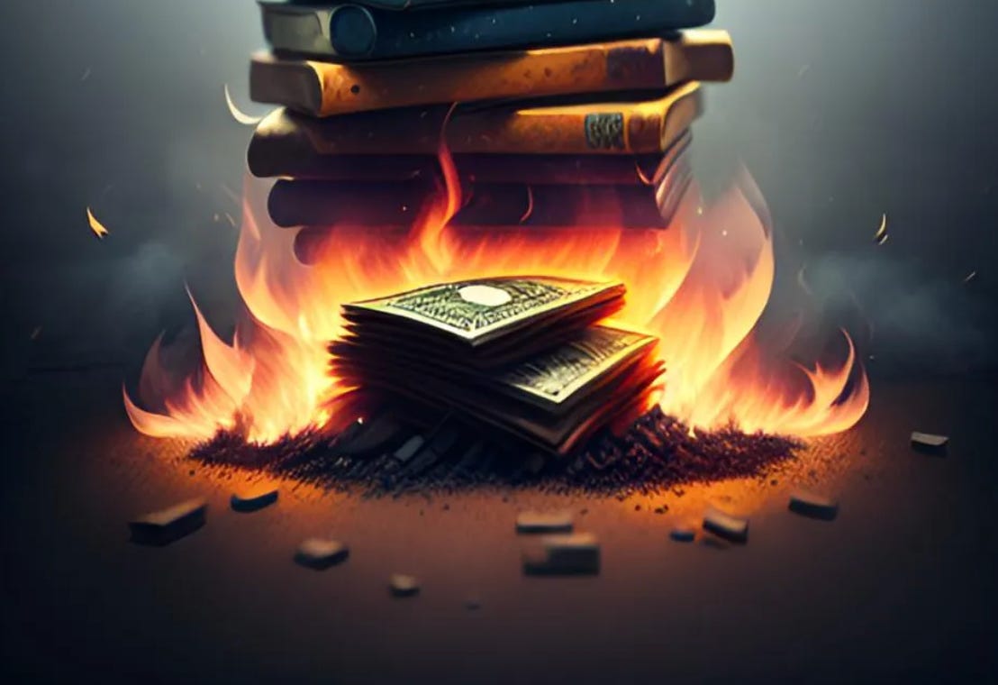 AI painting of pile of cash burning