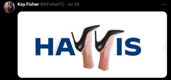 A social media post of the last name HARRIS. the two 'R's are formed by upside down high heels with legs. 