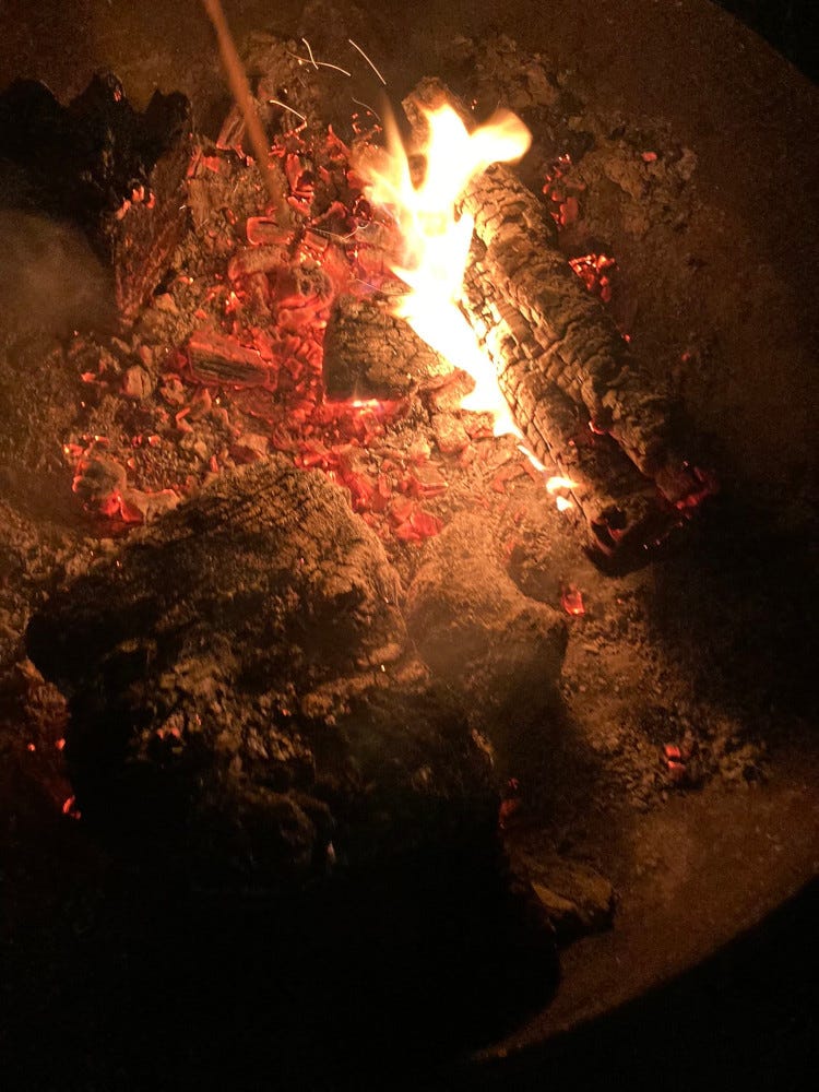 The last of the campfire, down to one half-burned logs and a lot embers.