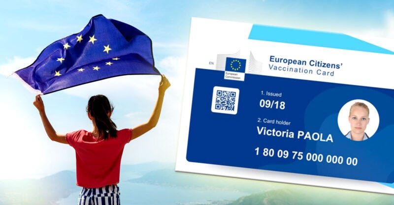 girl holding EU flag and European Citizens' vaccination card