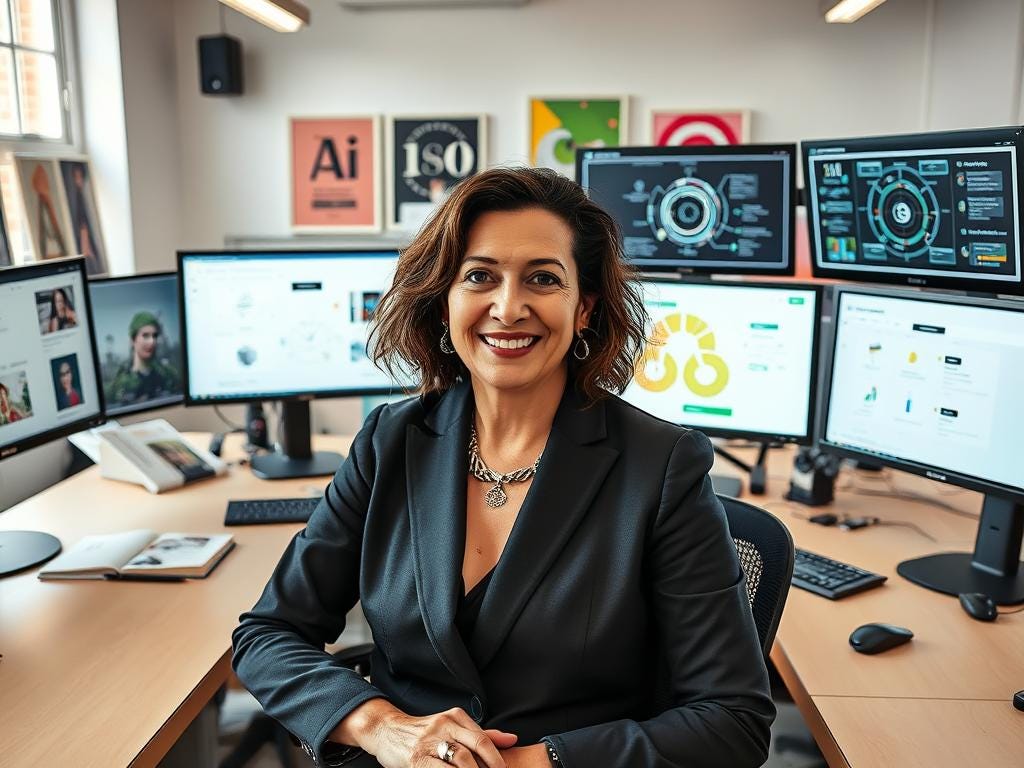 A woman with a smile, sitting behind a desk with multiple monitors displaying various graphs and charts