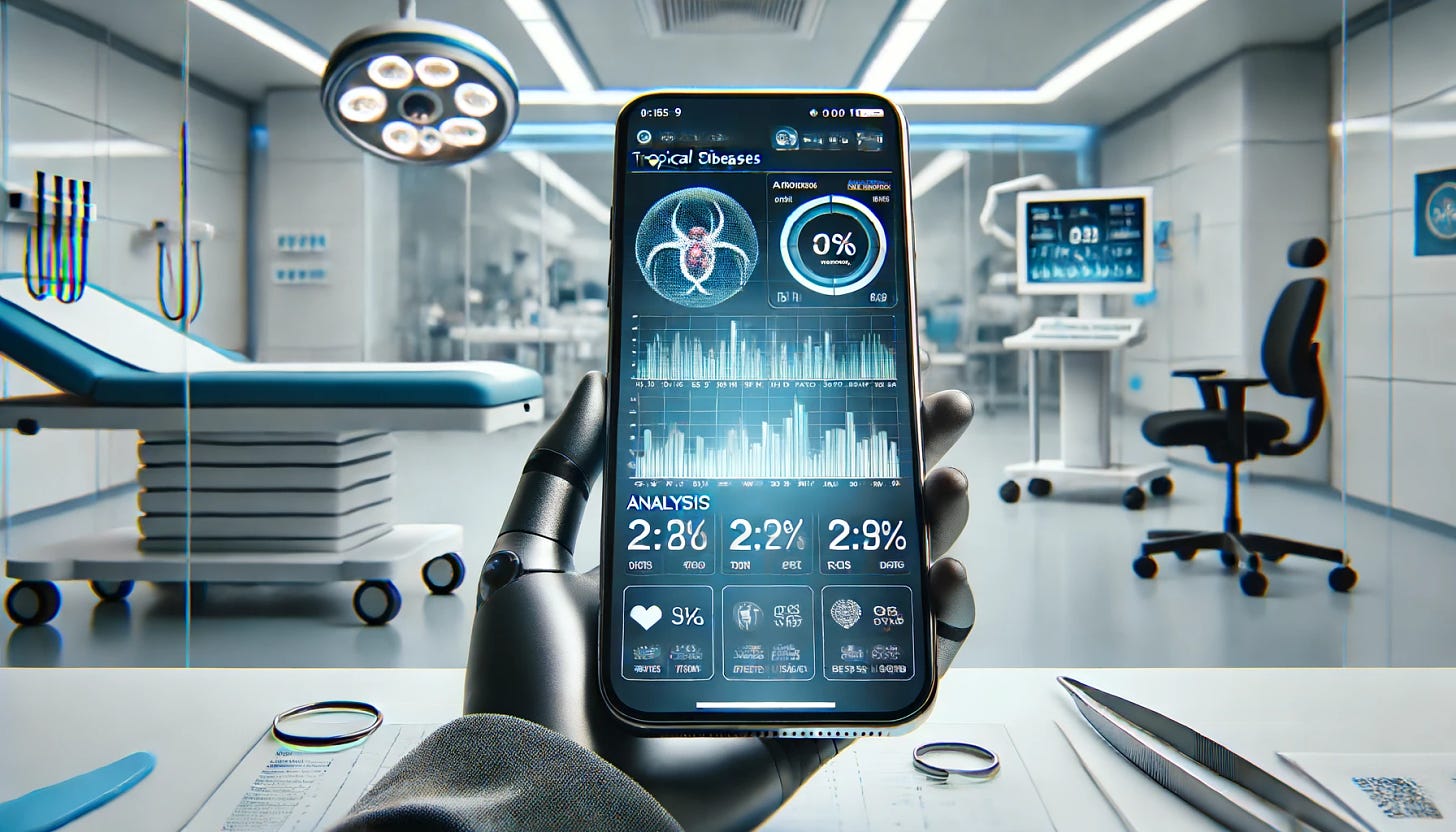 A high-tech smartphone screen displaying a medical diagnostic application interface, showing analysis results for tropical diseases. The screen features clear, detailed graphics and data analysis, all in a sleek, futuristic, and professional design. The setting is a clinical environment with modern medical equipment and clean, minimalistic décor. The smartphone is in 16:9 format, emphasizing the high-resolution display with vibrant colors and precise details.