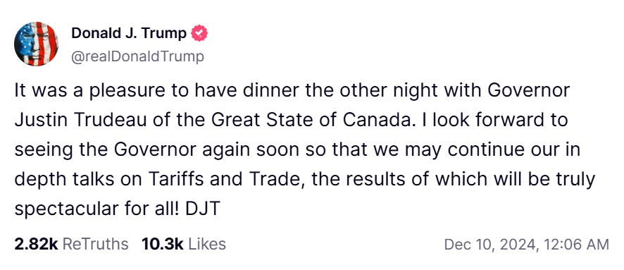 Laura Dhillon Kane on X: "Donald Trump calls Justin Trudeau "governor" of  the "great state of Canada," hours after the prime minister said his  country would retaliate if the president-elect follows through