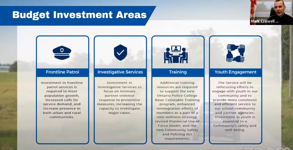 Budget investment areas include: frontline patrol, investigative services, training, and youth engagement