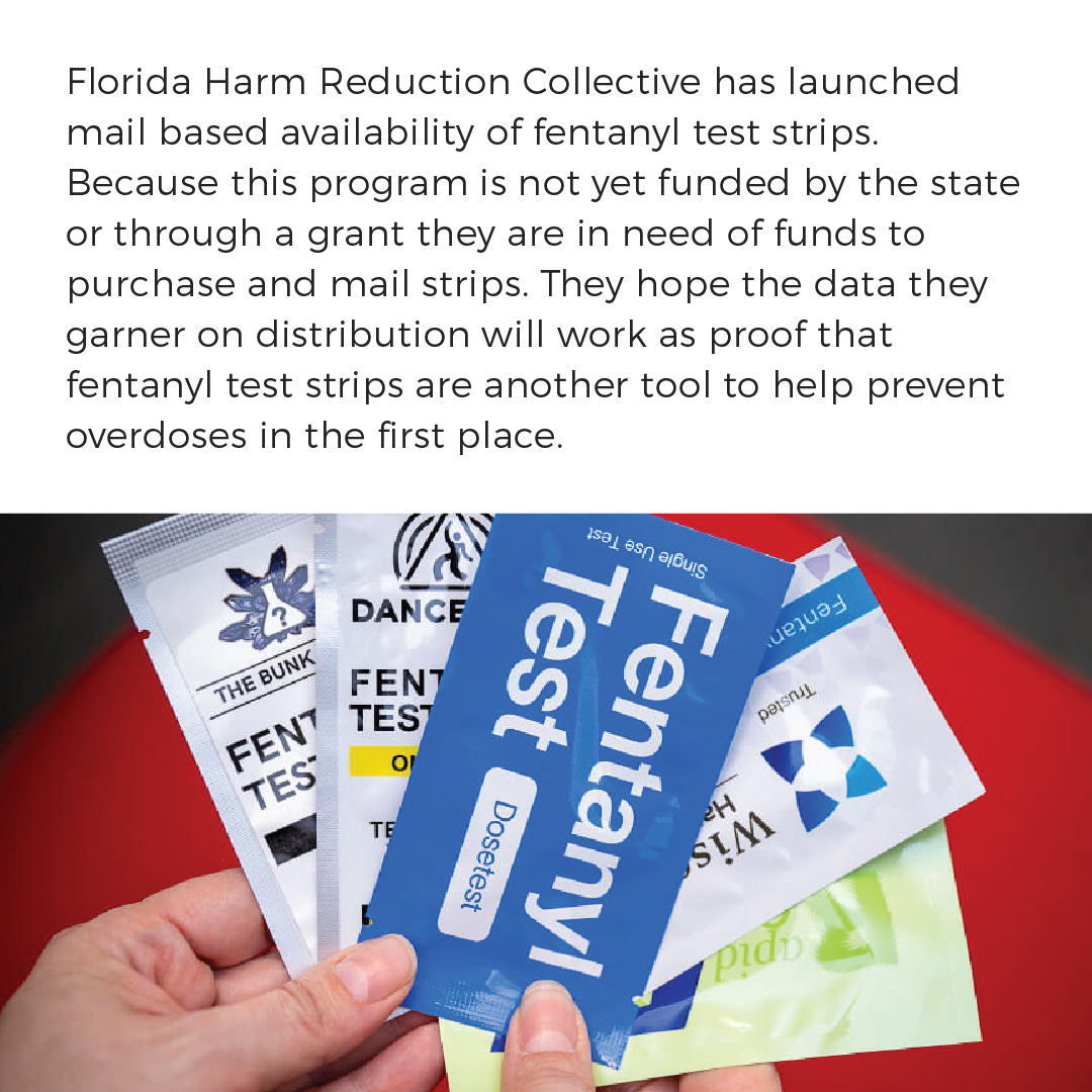 Florida Harm Reduction Collective has launched mail based availably of fentanyl test strips.  Because this program is not yet funded by the state or through a grant we are in need of funds to purchase and mail strips.  We hope the data we garner on distribution will work as proof that fentanyl test strips are another tool to help prevent overdoses in the first place.