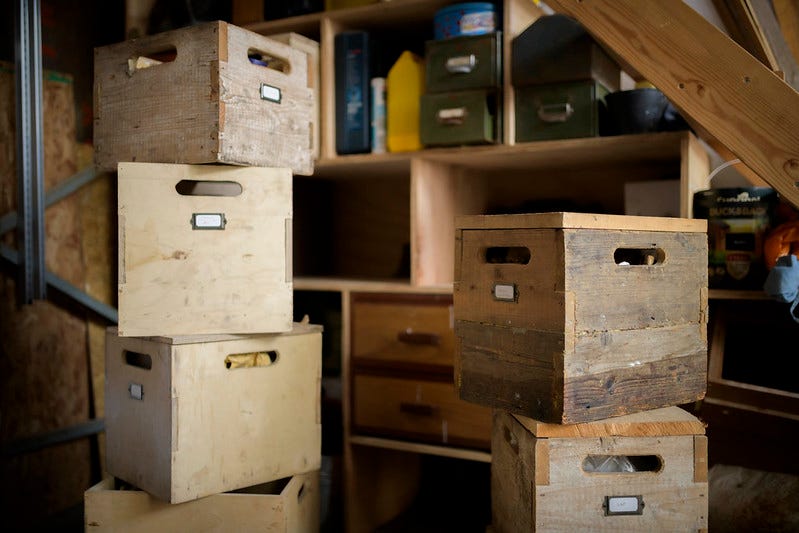 Boxes made of recycled wood piled up in towers