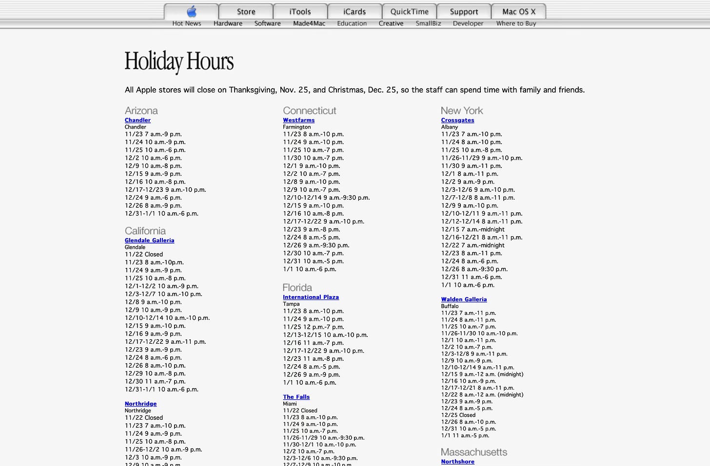 A screenshot of Apple.com's Holiday Hours page in 2001.