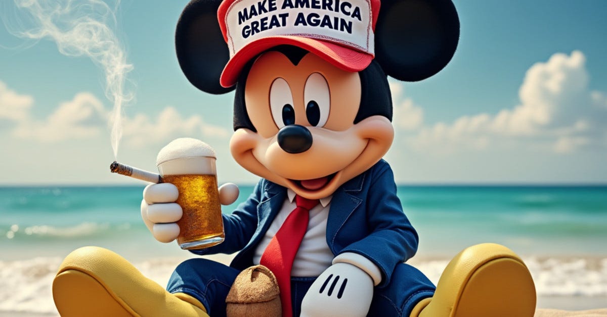 An AI-generated image of Mickey Mouse holding a beer and cigarette wearing a MAGA hat.