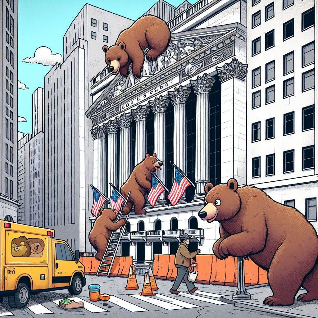 Bears cartoon getting trapped on Wall street