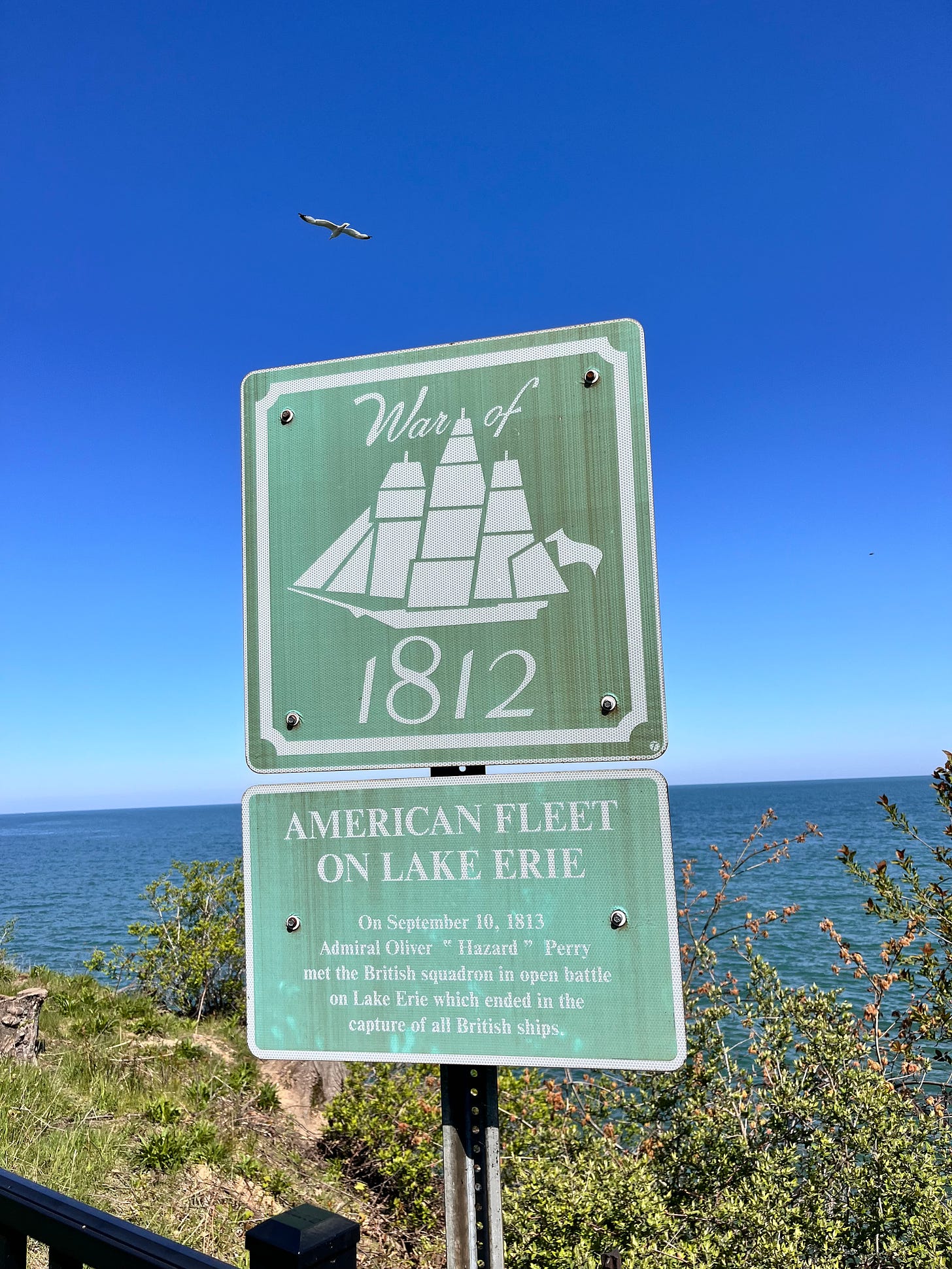 A historical marker about the War of 1812 — specifically, the September 10, 1813 naval battle where Admiral Oliver “Hazard” Perry captured British ships trying to invade from the north.