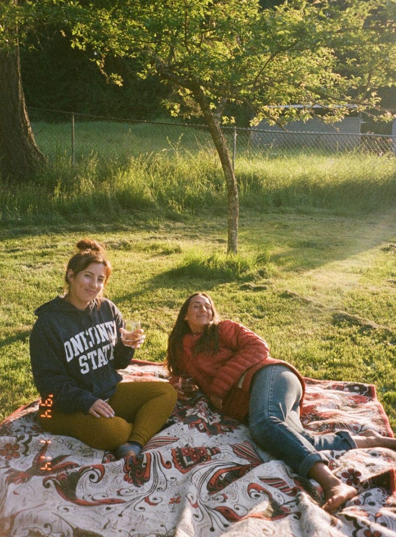 two brunette girls on blanket in the grass