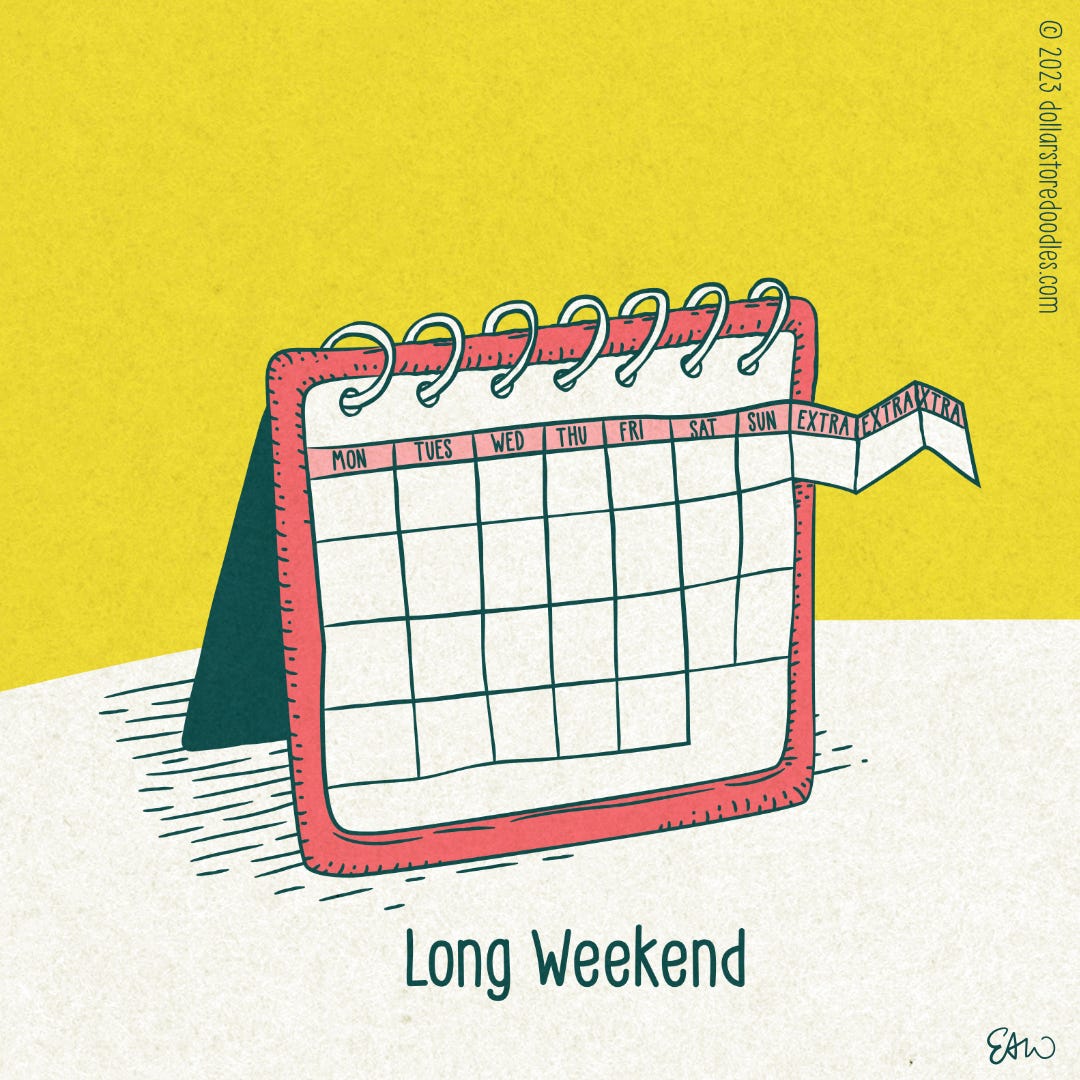 Illustration of an unspecified monthly calendar showing the days of the week across the top row. To the right edge of the top row, after Sunday, there is an accordion trifold sticking out showing additional days added to the week that are labeled "Extra." The caption at the bottom of the comic reads, "Long Weekend."