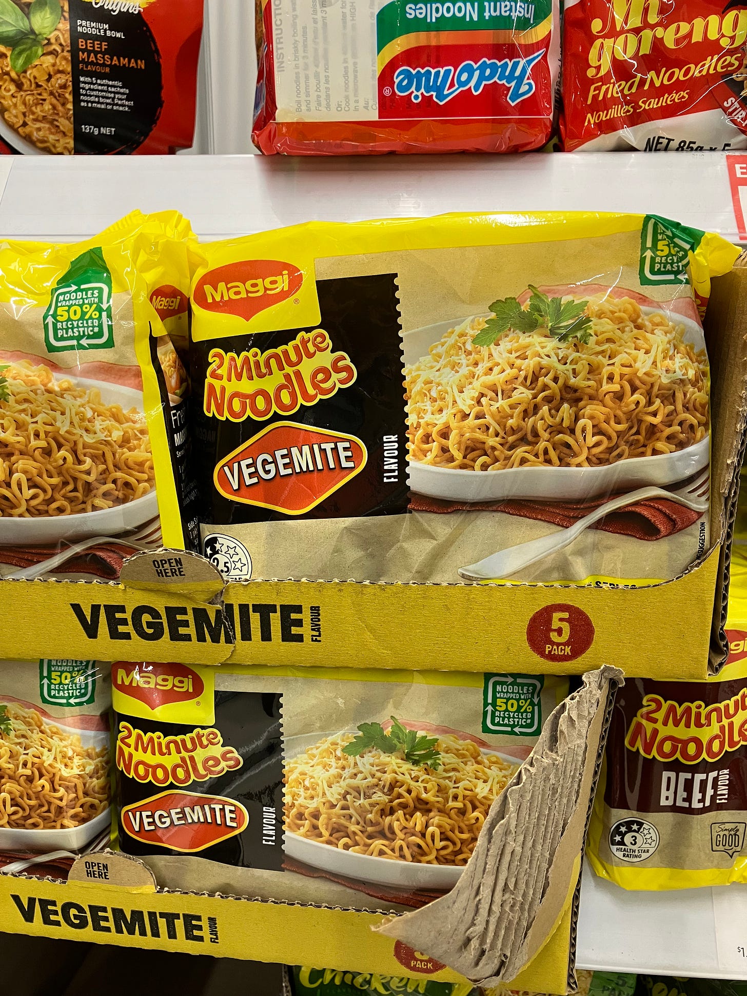 Boxes of Vegemite flavoured two minute noodles.