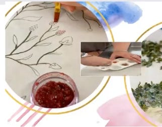 A collage photo of paintings being created with inks made from plants and berries. The white background includes a patch of blue and one of red. An inset image shows a bowl of mashed berry ink and brush painting pink flowers that have been outlined in black.