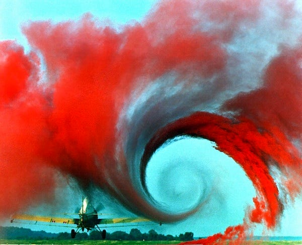  More details Vortex created by the passage of an aircraft wing, revealed by colored smoke. Photo credit By NASA Langley Research Center.