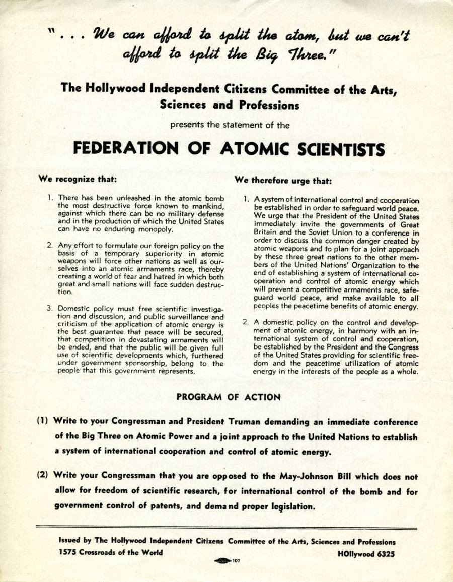 Scientists of the Manhattan Project formed the Federation of Atomic Scientists in 1945 to advocate for international and peaceful control of atomic energy. (Oregon State University Special Collections)