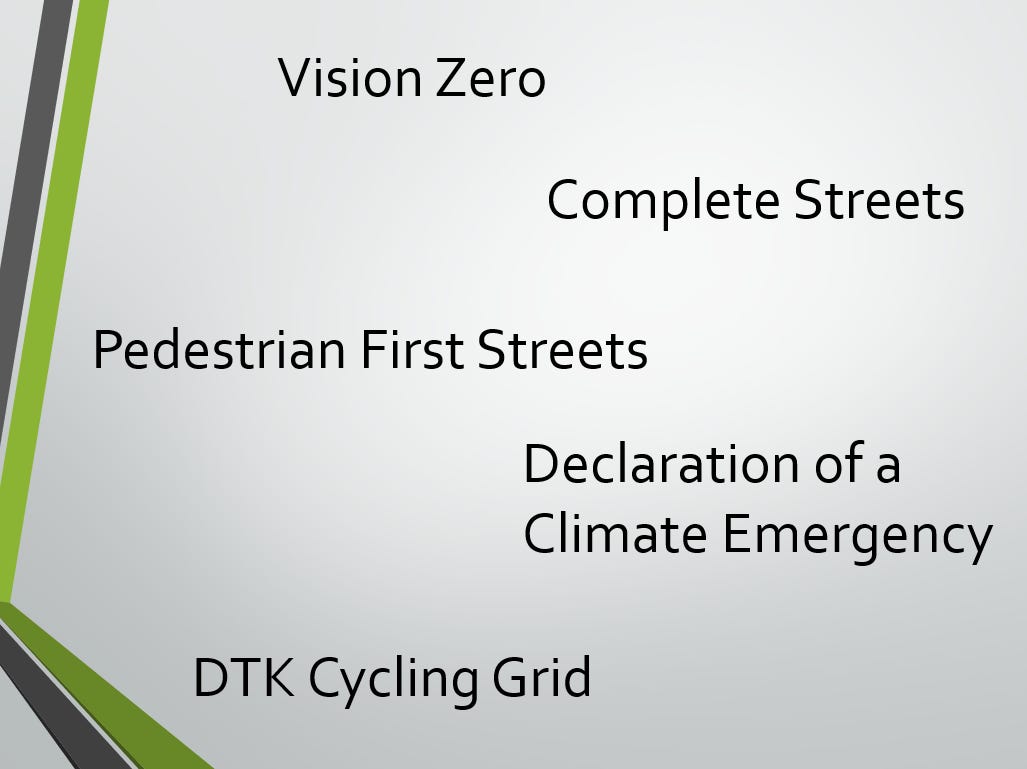 Slide highlighting Kitchener policies about road safety: Vision Zero, Complete Streets, DTK cycling grid, Pedestrian First strets, and declaration of a climate emergency.