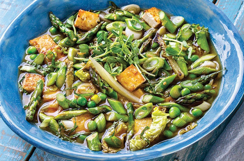 Spring Miso Broth with Stir-Fried Asparagus, Romaine, And Tofu; Cook the Vineyard