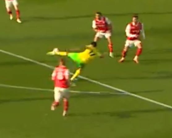 A screenshot of Gabriel Sara striking the ball to score against Rotherham with his body almost parallel to the floor.