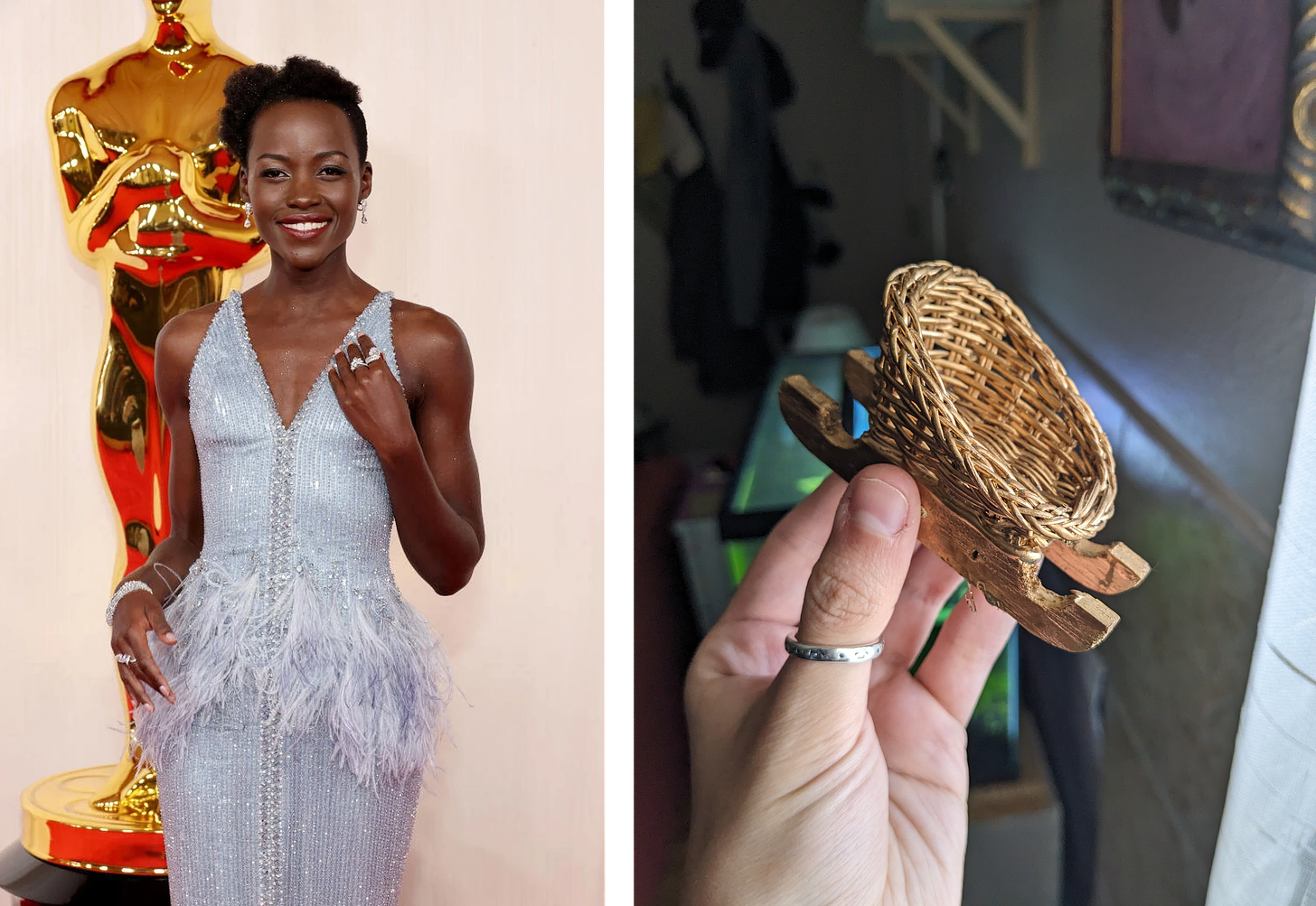 Left: Lupita Nyong'o in a powder blue feathery number. Right: A little gold wicker sleigh.