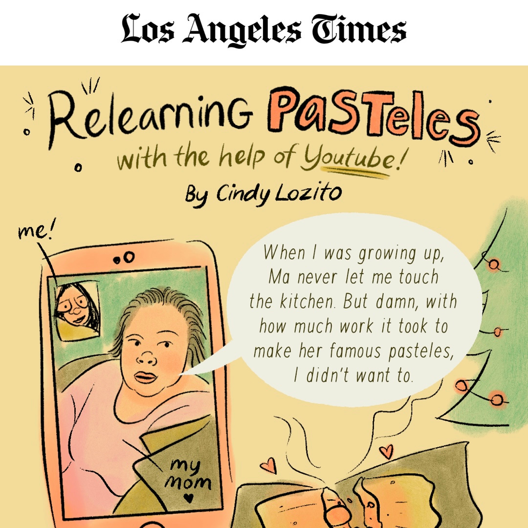 The first panel of Relearning Pasteles, featuring a FaceTime where my mom tells me how much work her mother's pasteles took to make.
