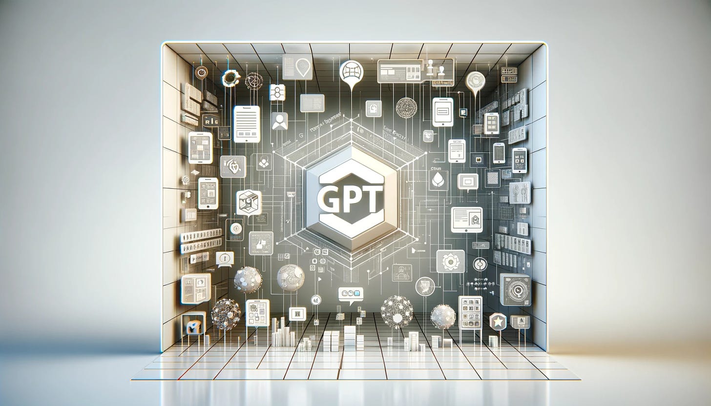 A contemporary and minimalist digital environment symbolizing a 'GPT App Store', focusing on software and applications. Visualize a virtual space with clean lines and a tech-savvy aesthetic. Include abstract representations of apps, digital interfaces, and virtual services related to GPT, like chatbot icons, app grids, and AI-themed visual elements. The design should be futuristically simplistic, emphasizing the concept of a digital marketplace for AI applications, without physical hardware or explicit text.